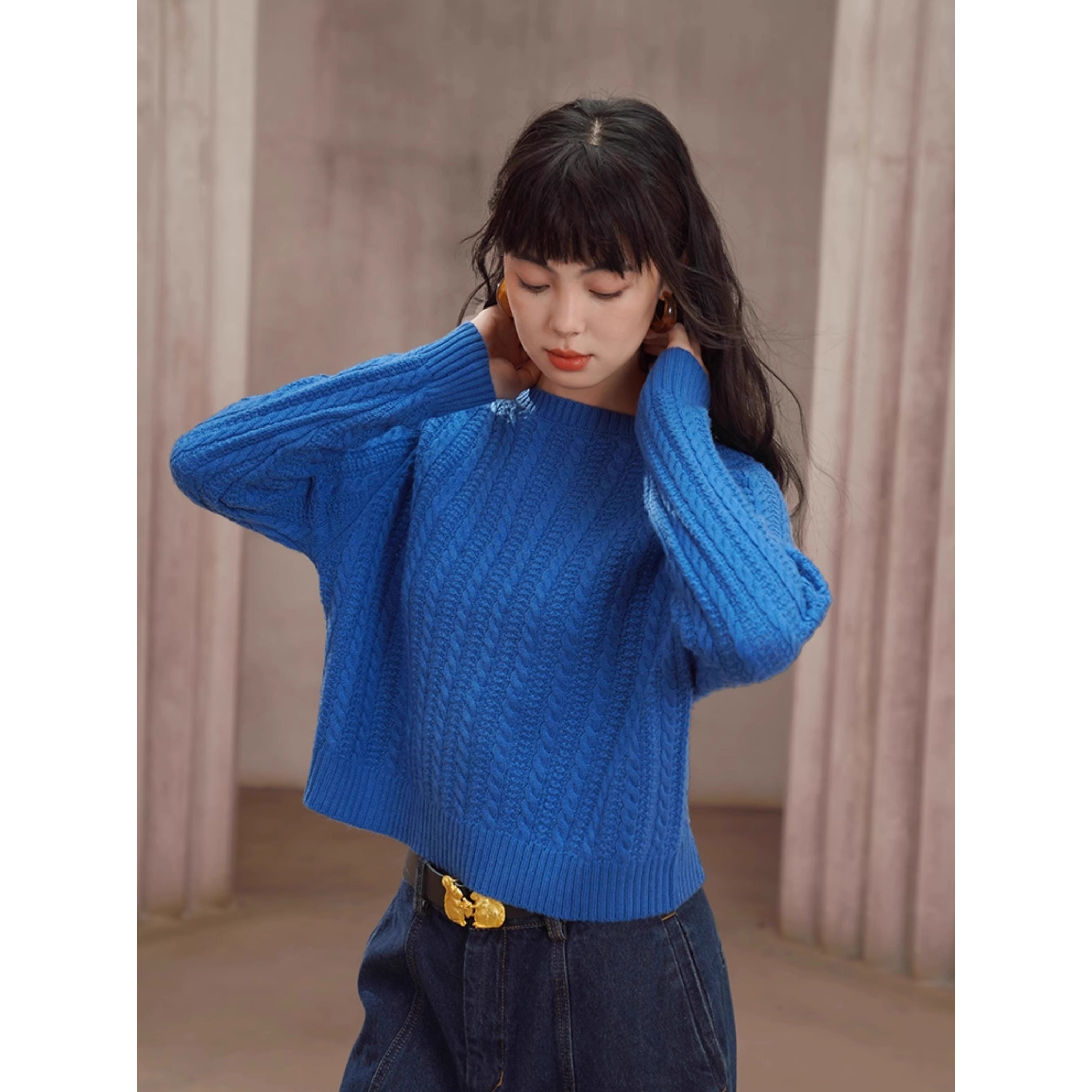 ヴィンテージ　ニットセーター　レトロ　ケーブル編みアメリカ古着レトロ紺ネイビー Retro cable knit sweater – remulia