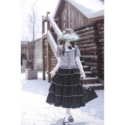 霧色のお嬢様トップスとティアードスカートとカーディガン