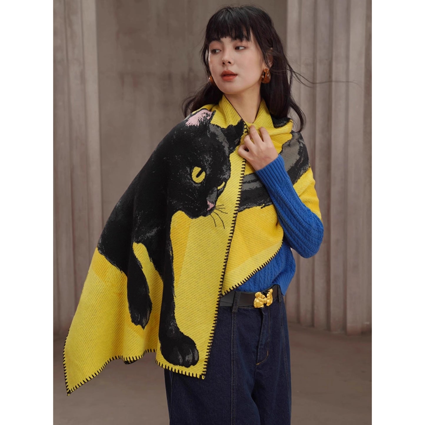 黒猫の挿絵ニットストール