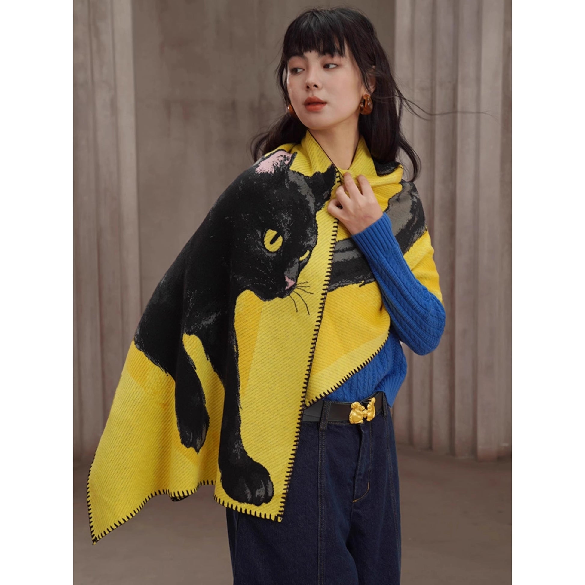 黒猫の挿絵ニットストール