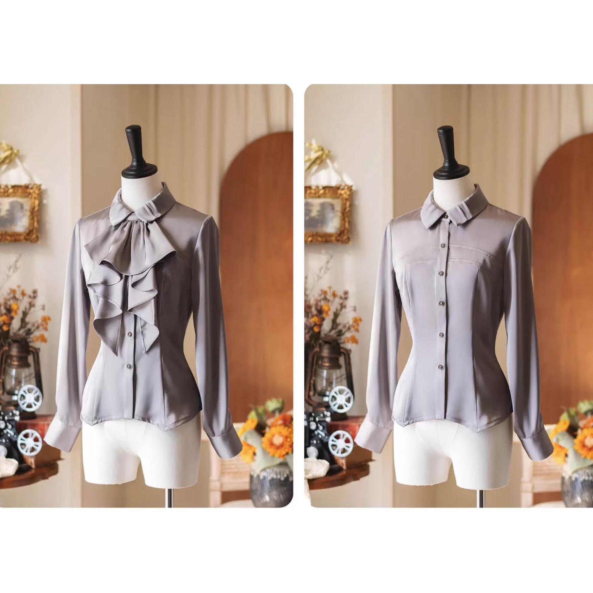 英国のお嬢様のクラシカルブラウス - Silver Gray