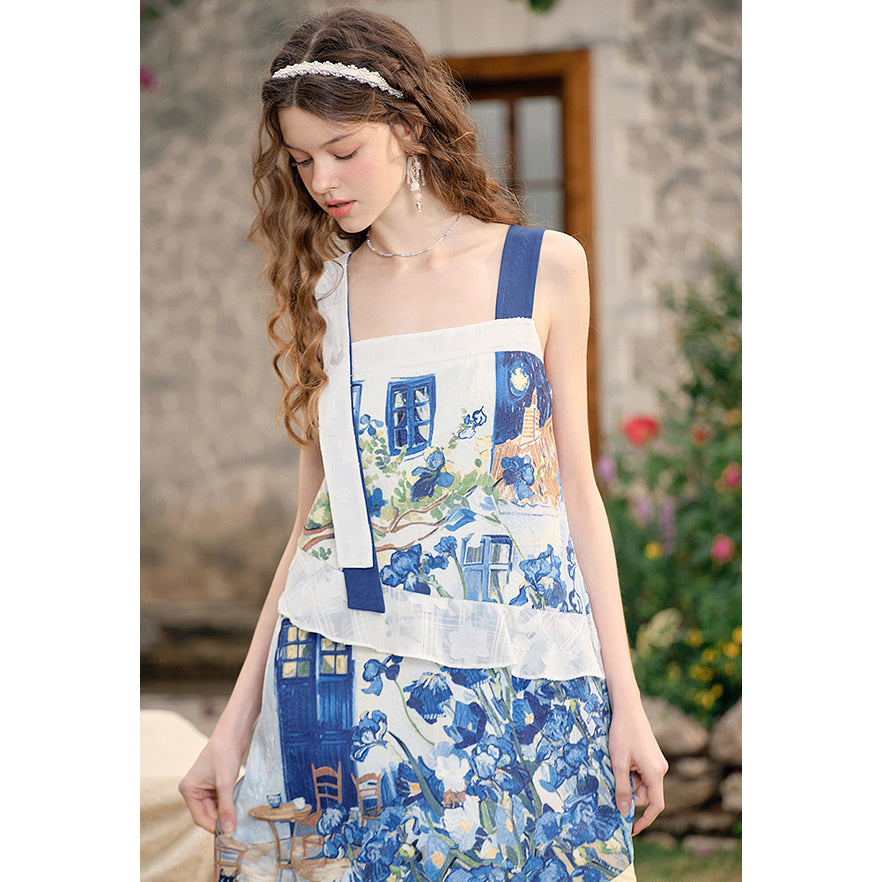 アイリスの花の油彩画ティアードワンピース