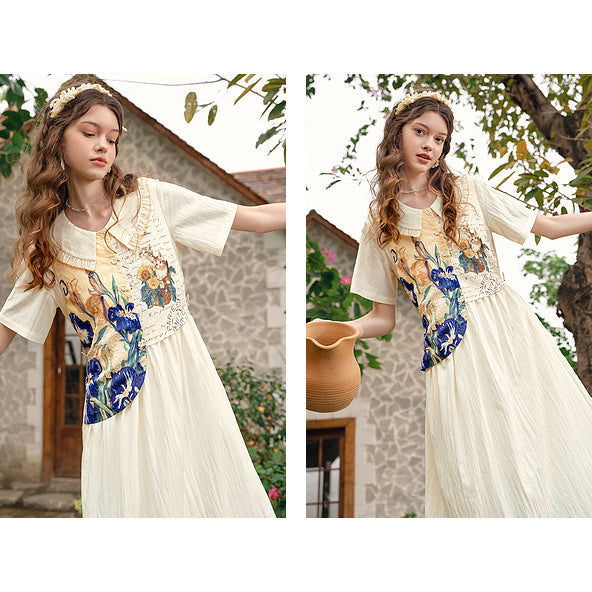 向日葵とアイリスのある花瓶と猫のワンピース