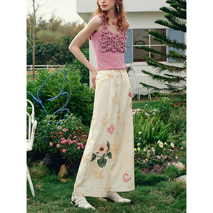 向日葵の花の描画ワイドパンツ