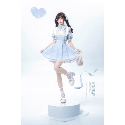 水色の天使の刺繍フリルワンピース