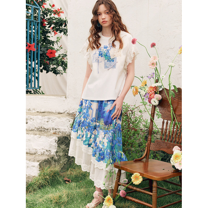 アイリスのある花瓶のレースTシャツ