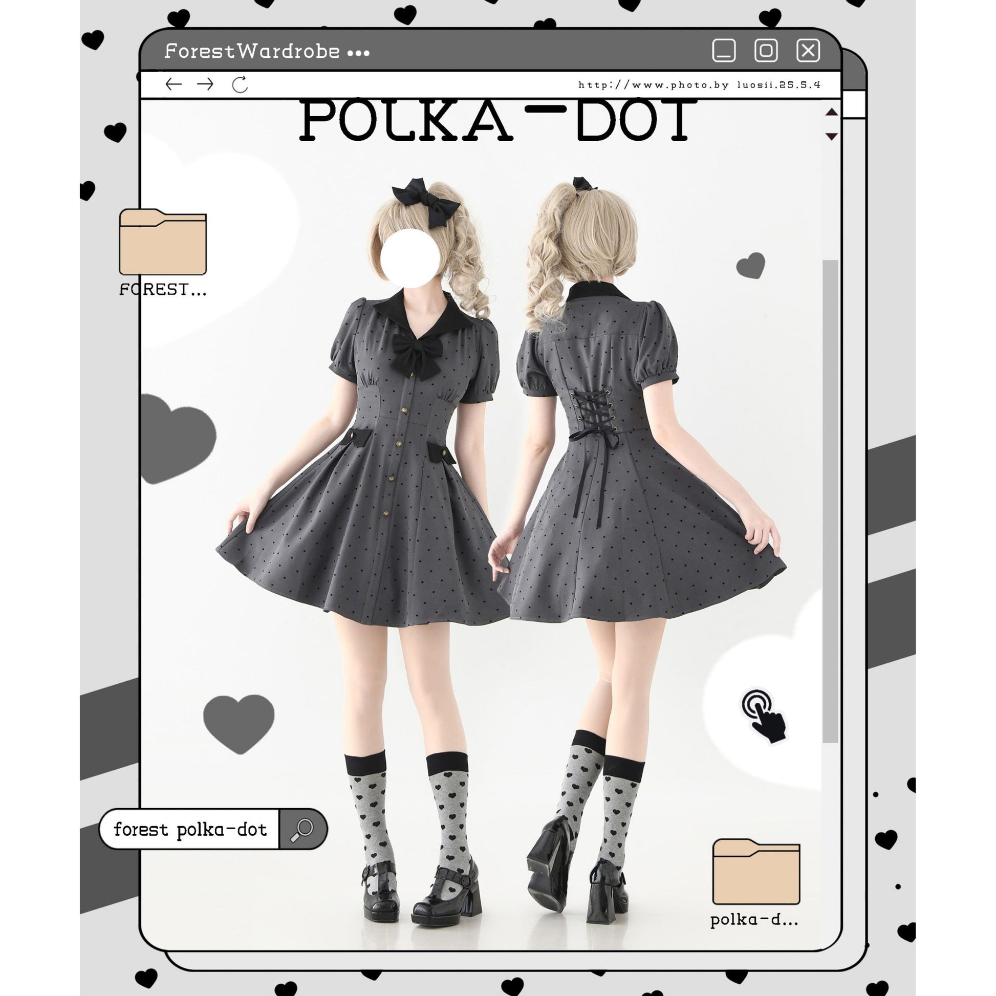 映画女優の水玉柄クラシカルワンピース - Slate Gray