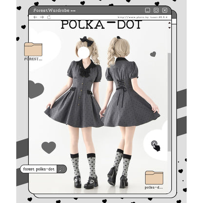 映画女優の水玉柄クラシカルワンピース - Slate Gray