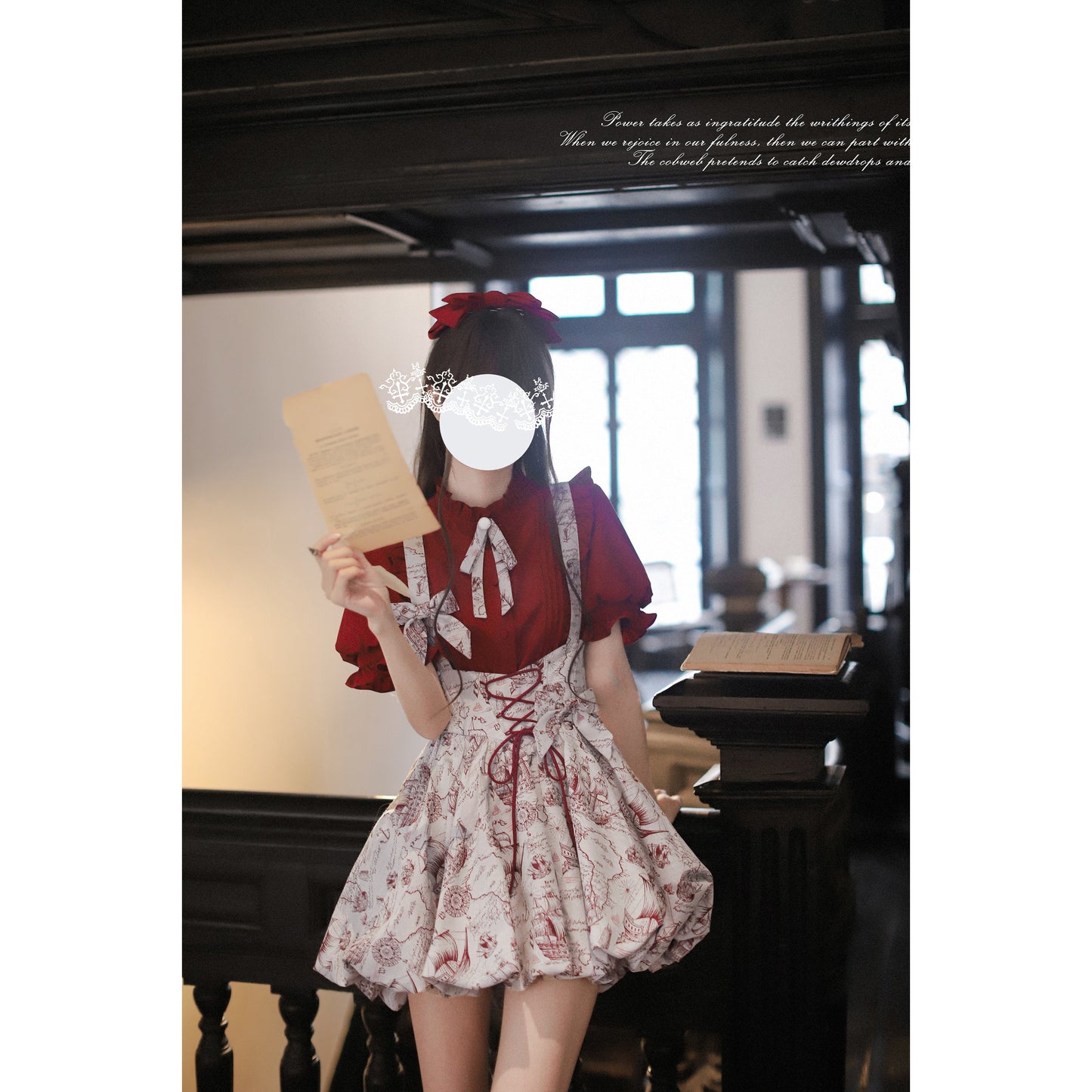 帆船と羅針盤の線画ストラップバルーンスカートとブラウス - Wine Red