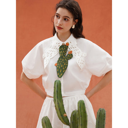 サボテンと花の刺繍ネクタイ - Dark Green