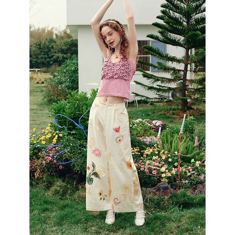 向日葵の花の描画ワイドパンツ