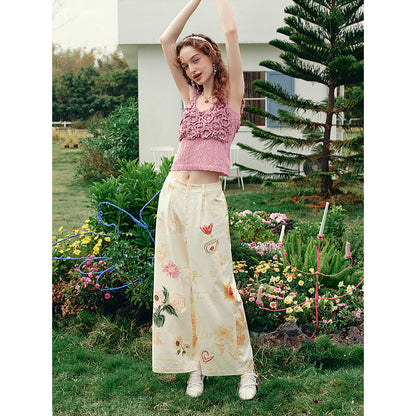 向日葵の花の描画ワイドパンツ