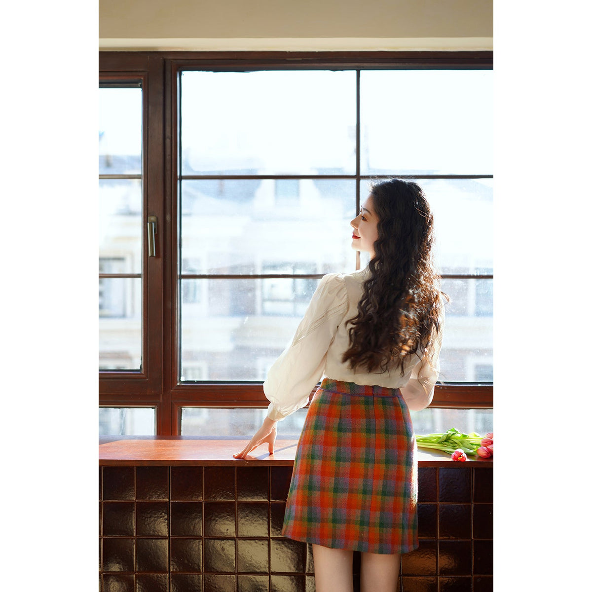 虹色格子柄のショートスカート