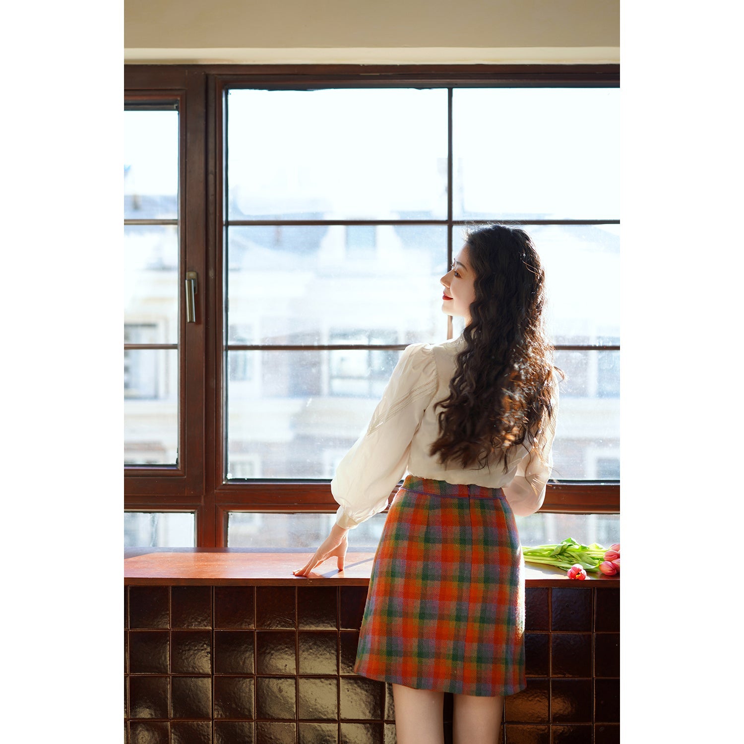 虹色格子柄のショートスカート