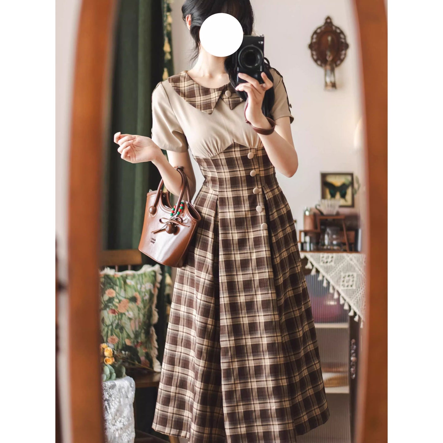 英国令嬢のレトロチェックワンピース - Dark Brown