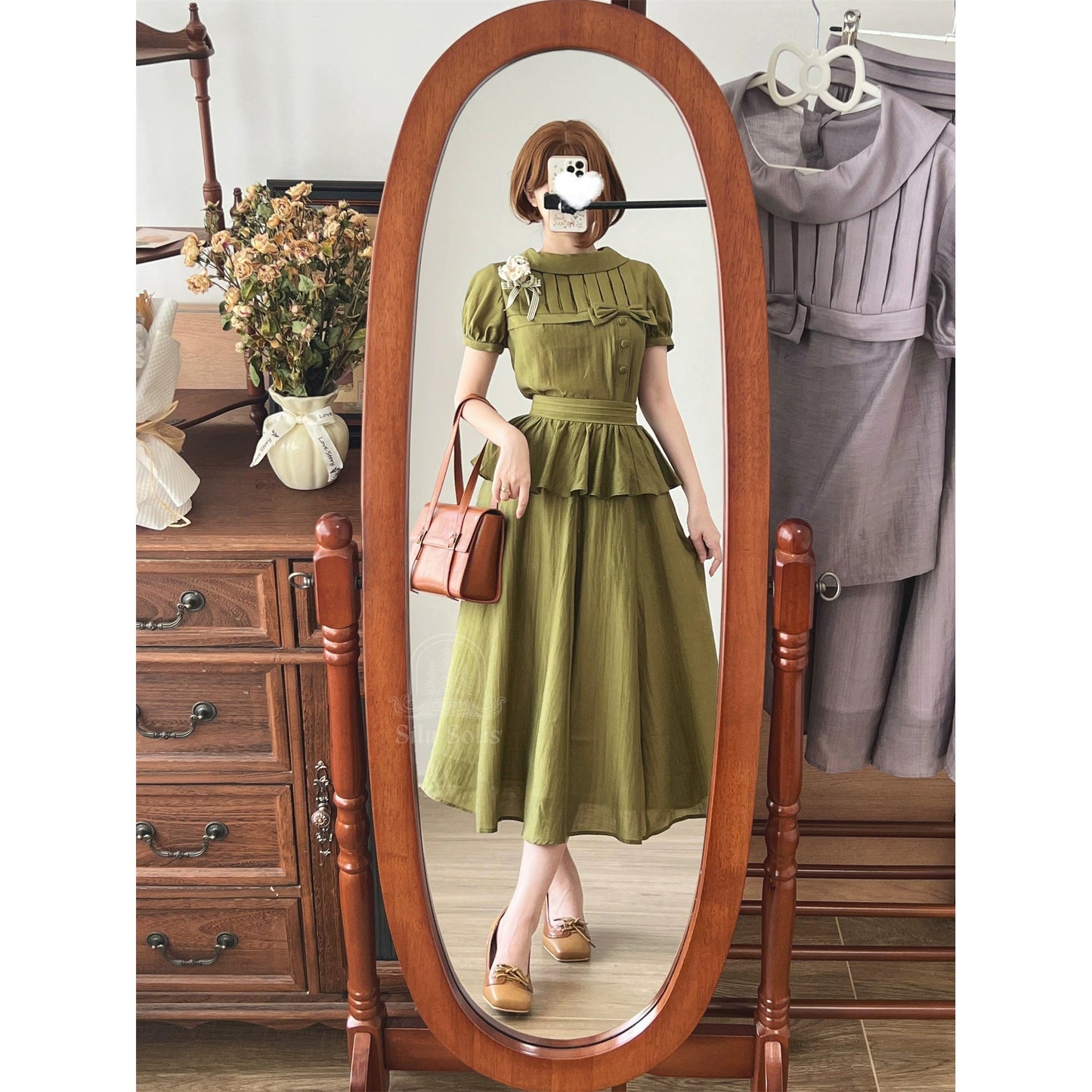 銀幕のお嬢様のブラウスとスカート - Moss Green