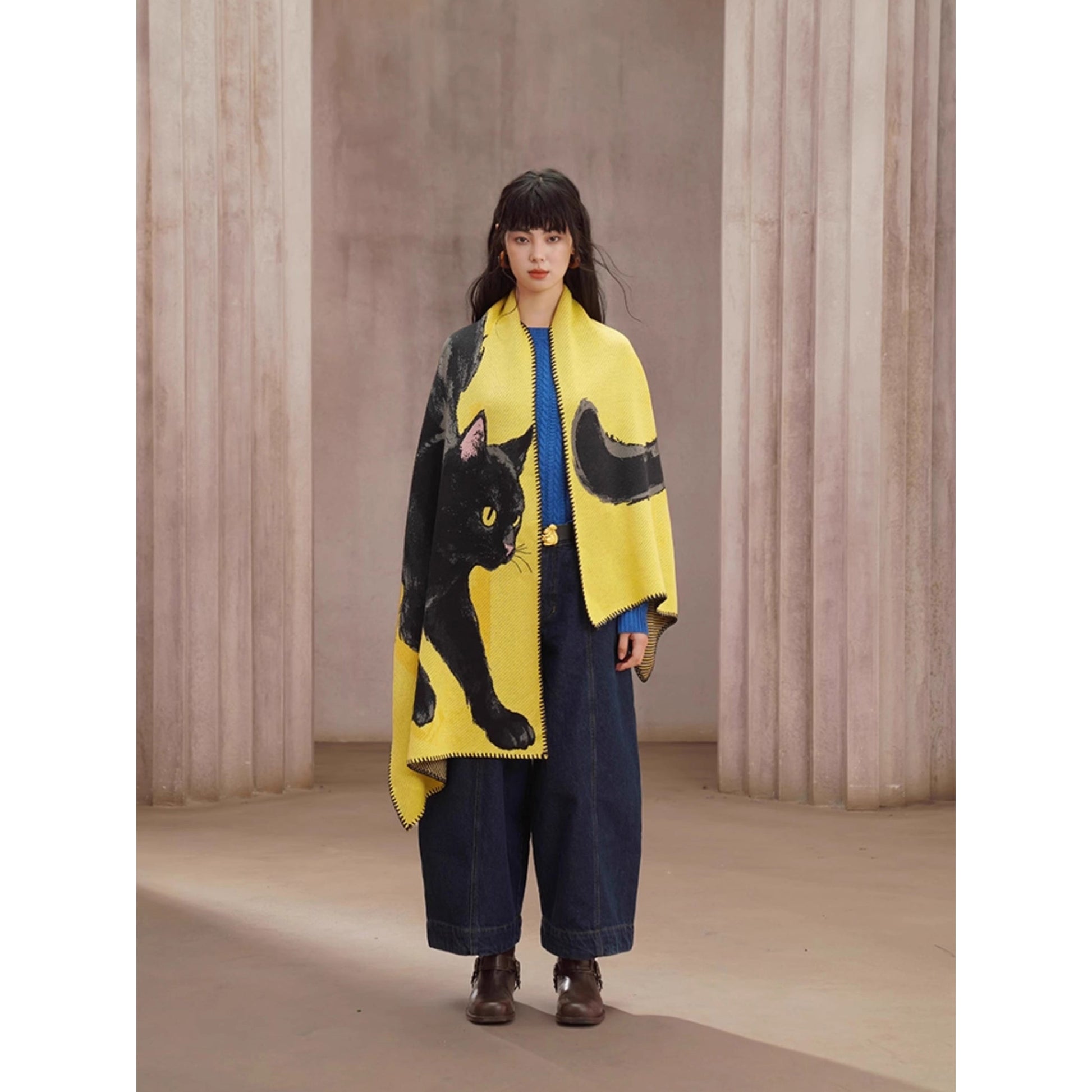 黒猫の挿絵ニットストール