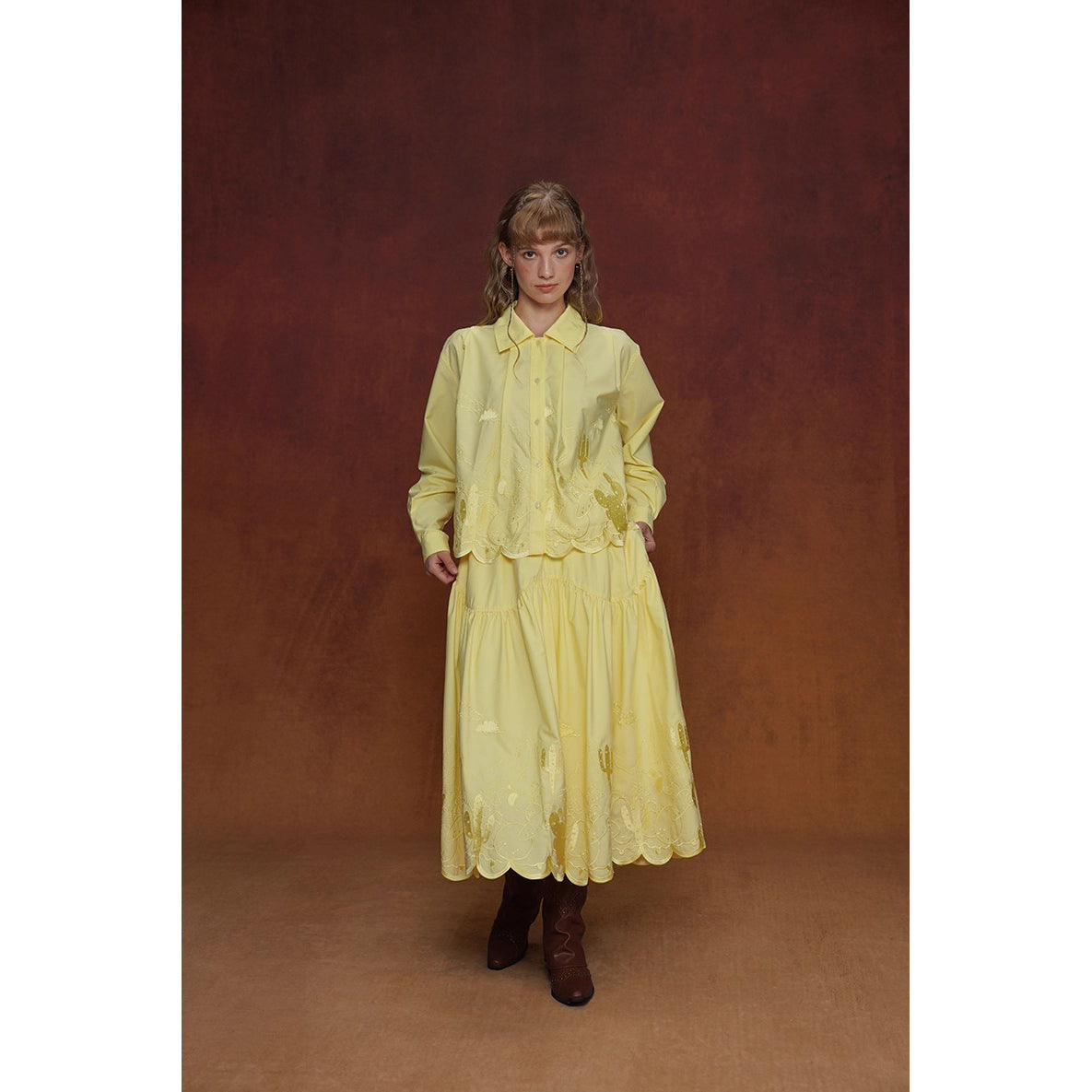 サボテンの刺繍ブラウスとスカート - Yellow