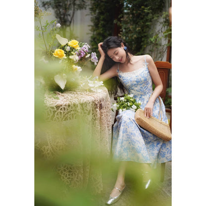 青花の薔薇柄キャミソールワンピース