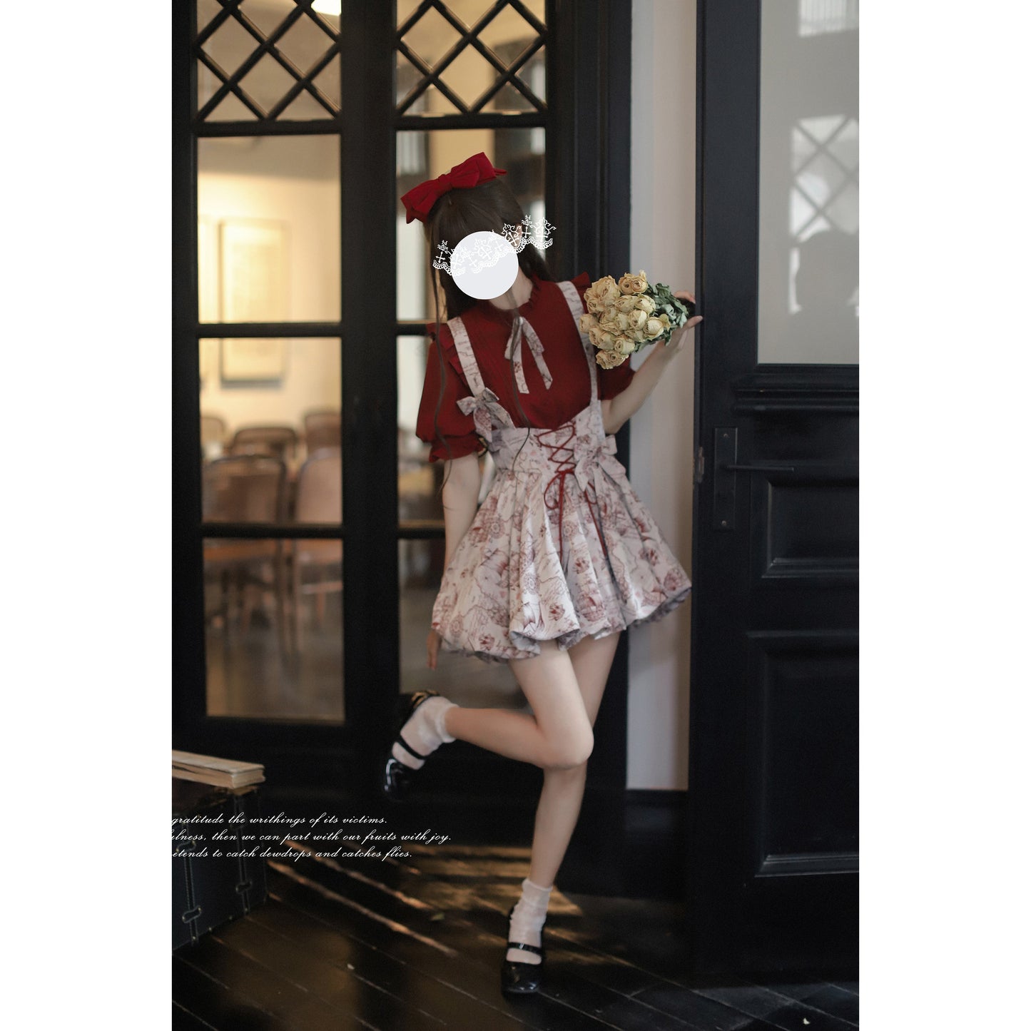 帆船と羅針盤の線画ストラップバルーンスカートとブラウス - Wine Red