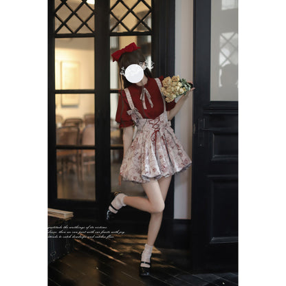 帆船と羅針盤の線画ストラップバルーンスカートとブラウス - Wine Red