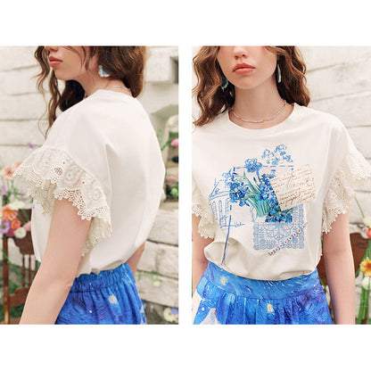 アイリスのある花瓶のレースTシャツ