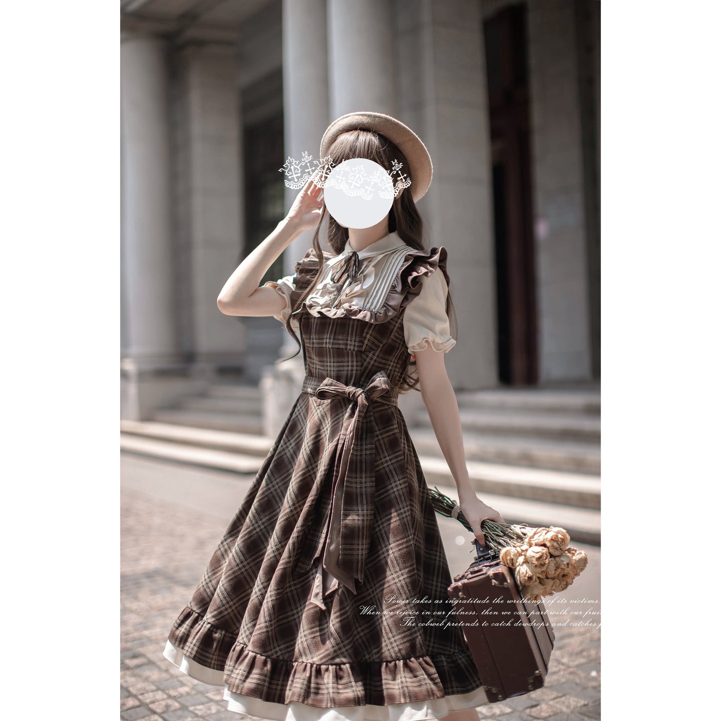 英国格子柄の文学レトロワンピース