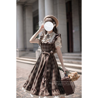 英国格子柄の文学レトロワンピース