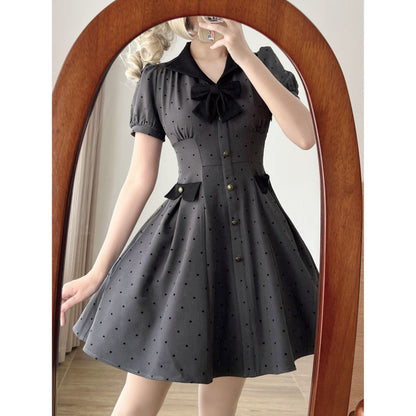 映画女優の水玉柄クラシカルワンピース - Slate Gray