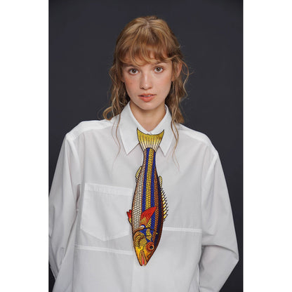 お魚の刺繍ネクタイ（ブルー×イエロー）