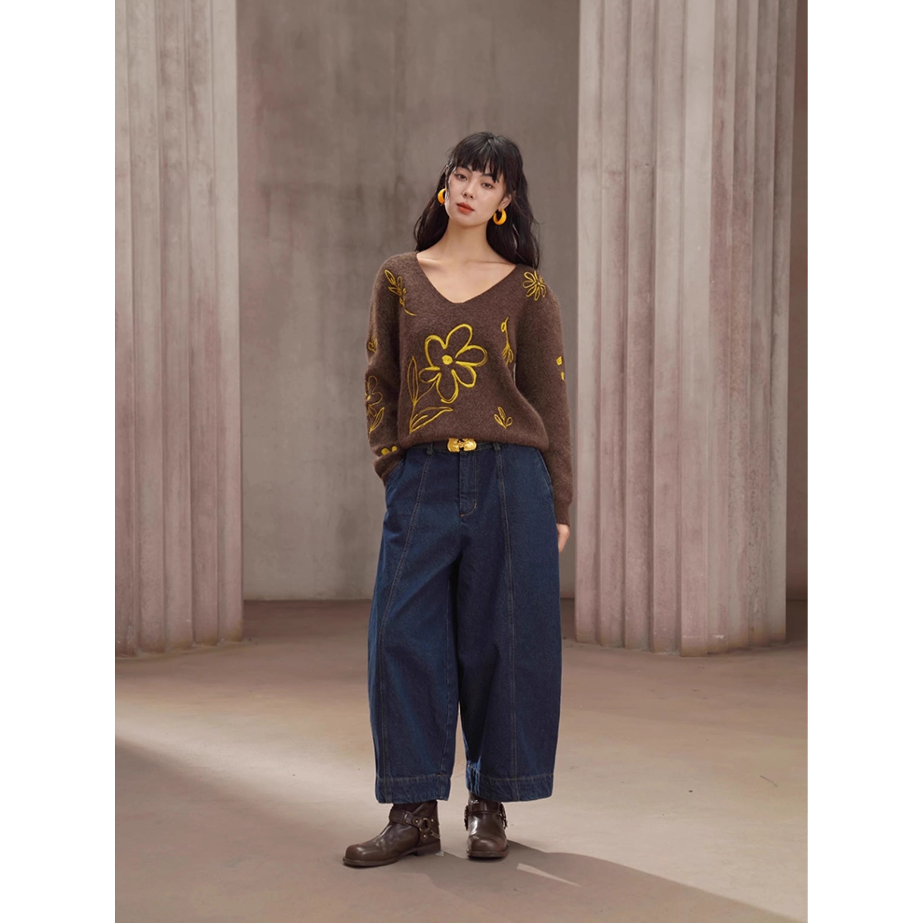 20センチKpopドールパンツ❗️つり付き茶デニム Navy blue cropped wide denim pants – remulia