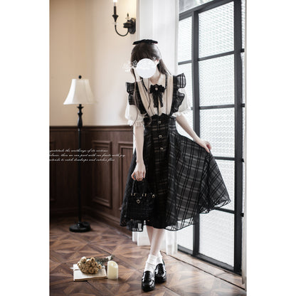 黒墨格子柄のジャンパースカートとブラウス - ロング丈