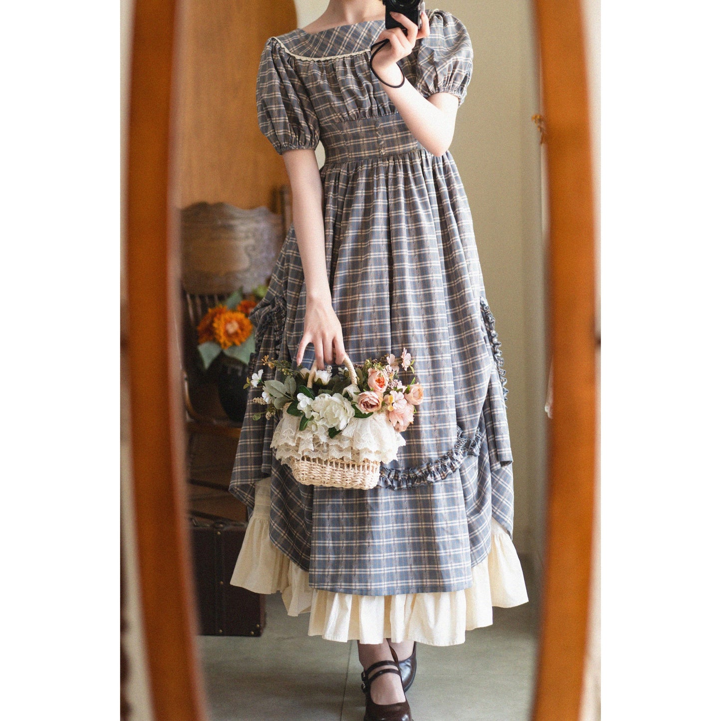 英国のお嬢様の格子柄レトロワンピース - Gray Navy