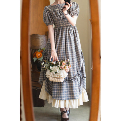 英国のお嬢様の格子柄レトロワンピース - Gray Navy