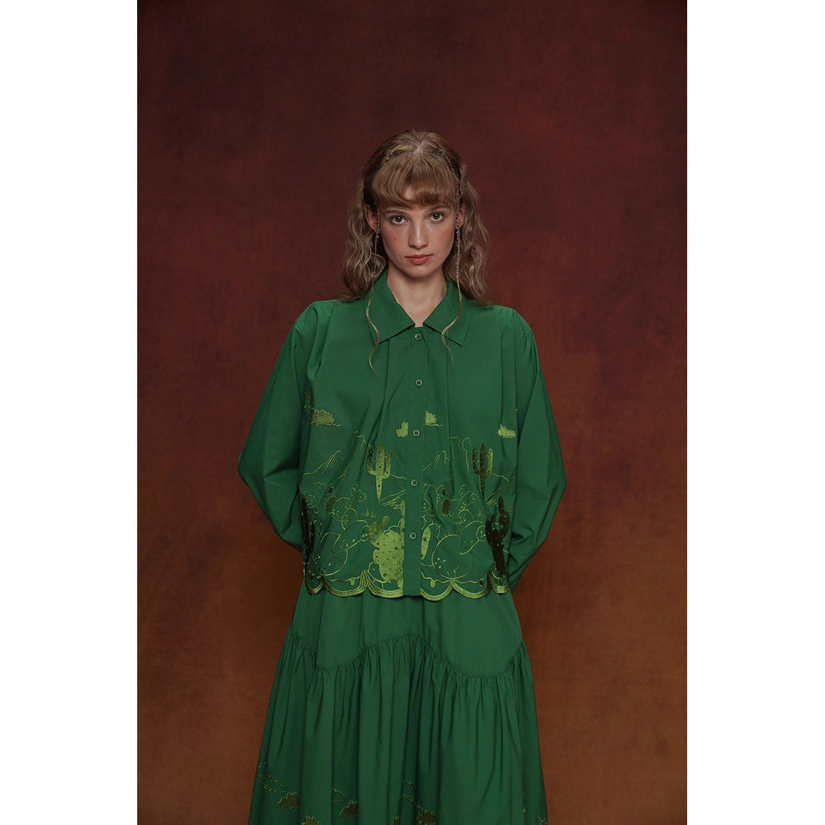 サボテンの刺繍ブラウスとスカート - Green