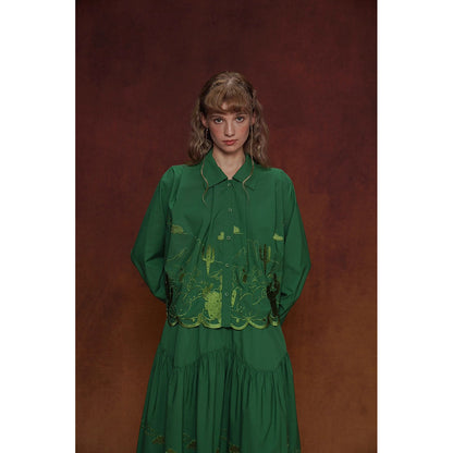 サボテンの刺繍ブラウスとスカート - Green