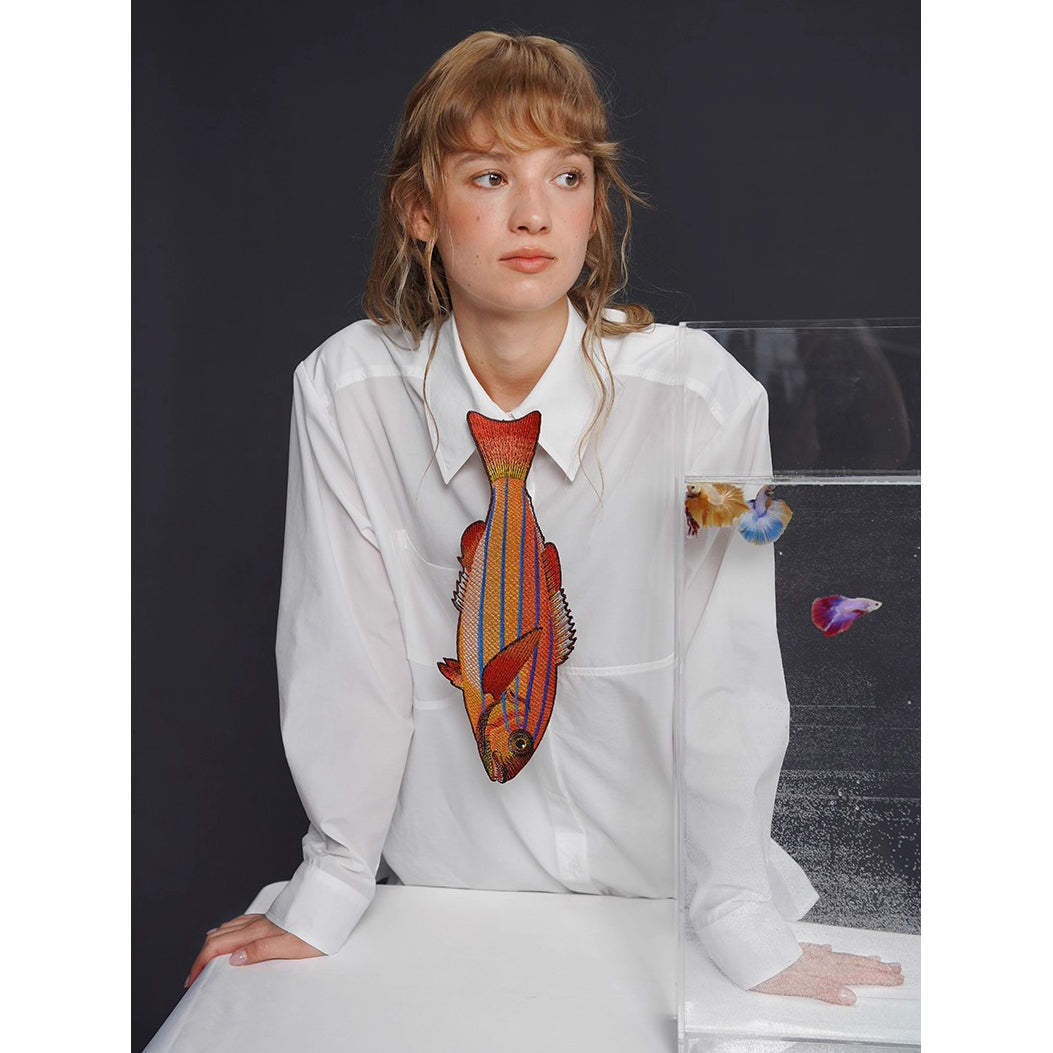 お魚の刺繍ネクタイ（オレンジ）