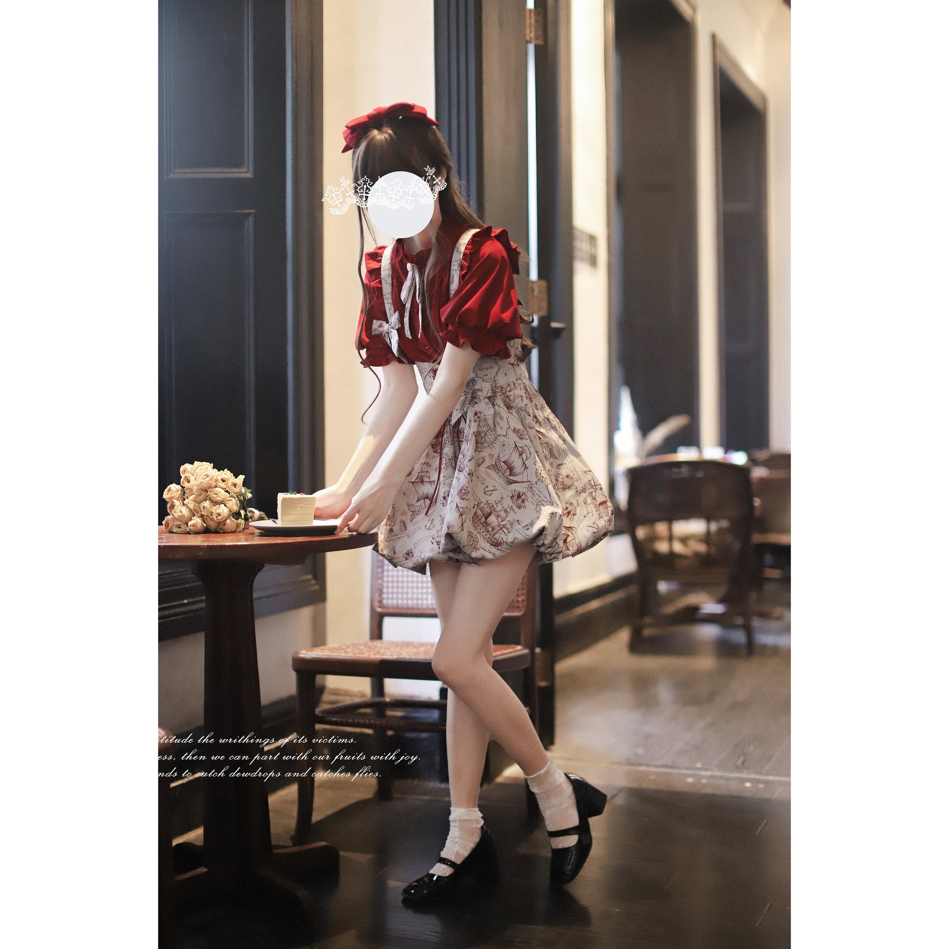 帆船と羅針盤の線画ストラップバルーンスカートとブラウス - Wine Red