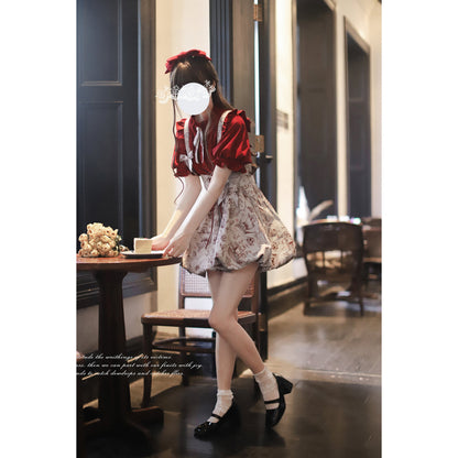 帆船と羅針盤の線画ストラップバルーンスカートとブラウス - Wine Red