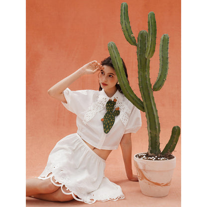 サボテンと花の刺繍ネクタイ - Dark Green