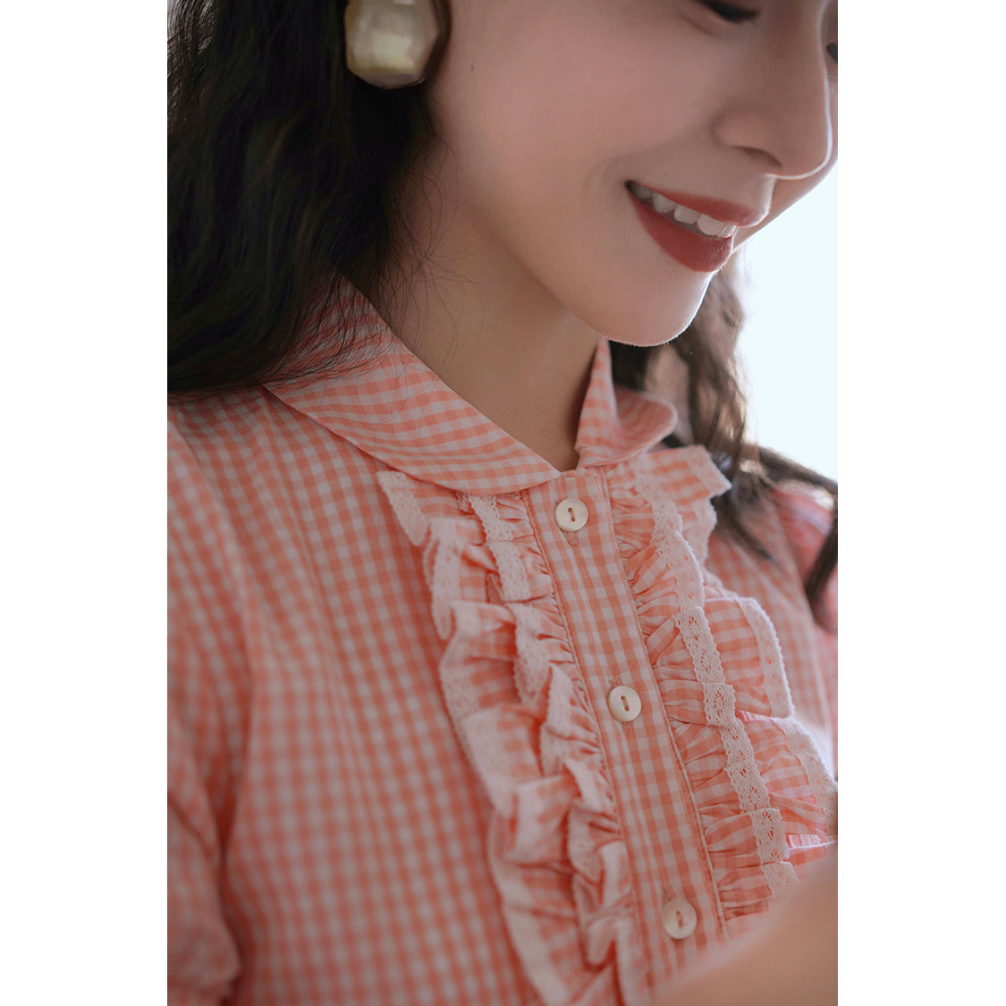 桜色の格子柄ヘップバーンワンピース