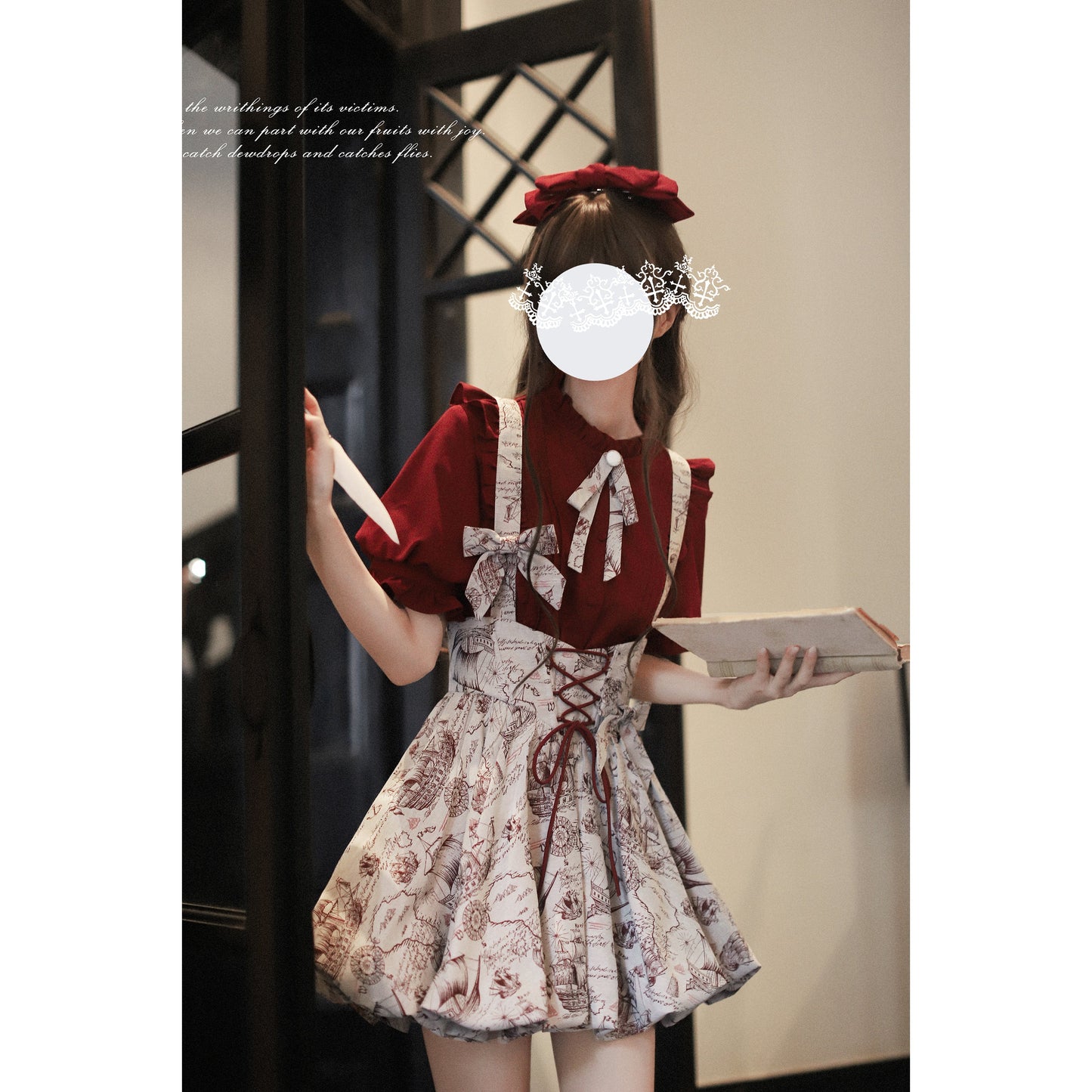 帆船と羅針盤の線画ストラップバルーンスカートとブラウス - Wine Red