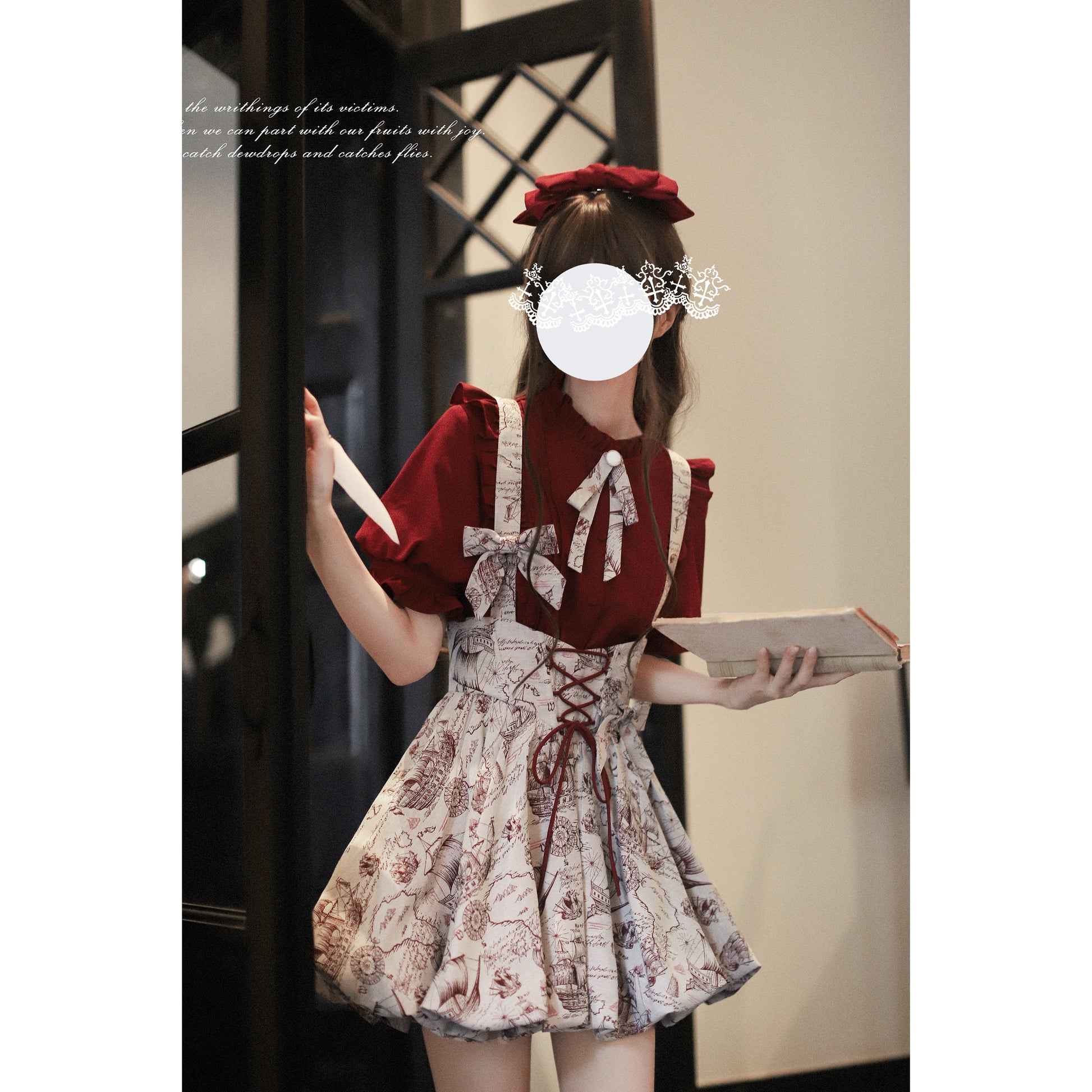 帆船と羅針盤の線画ストラップバルーンスカートとブラウス - Wine Red