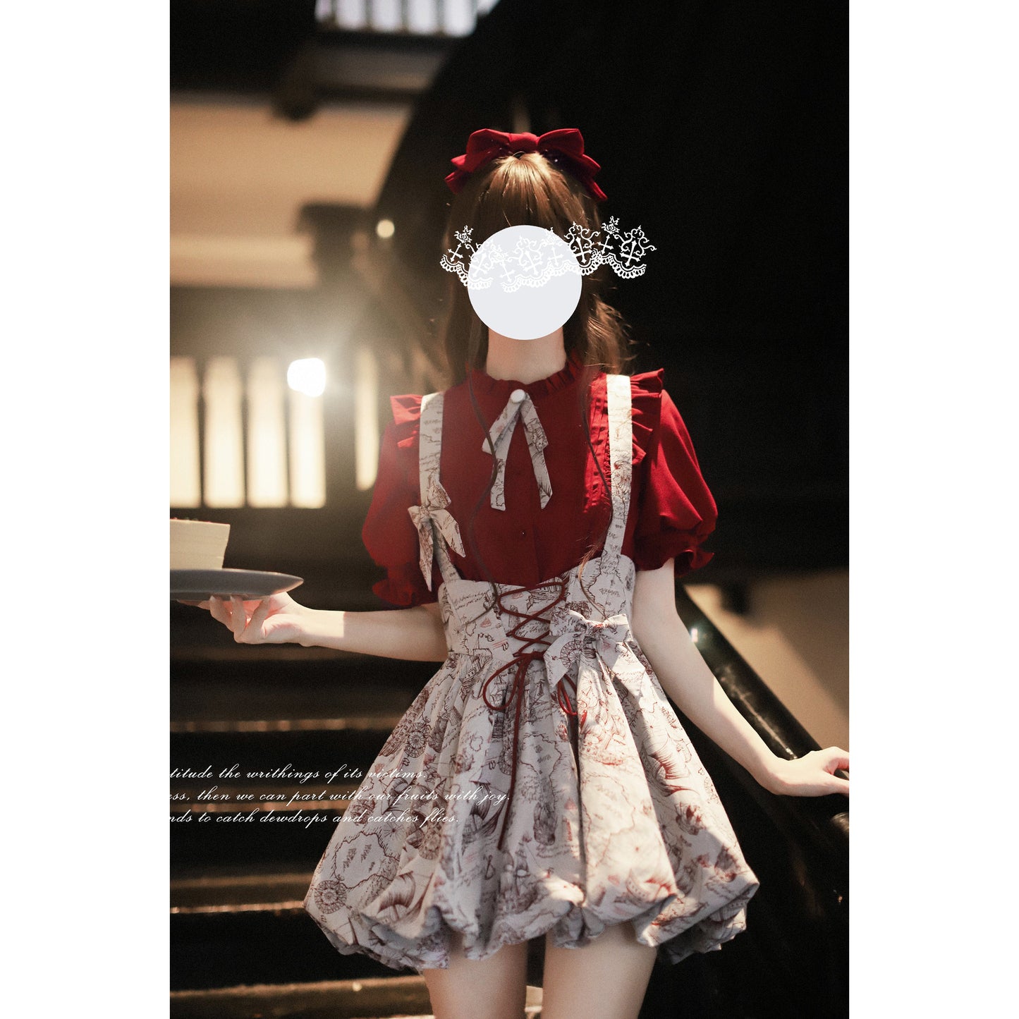 帆船と羅針盤の線画ストラップバルーンスカートとブラウス - Wine Red