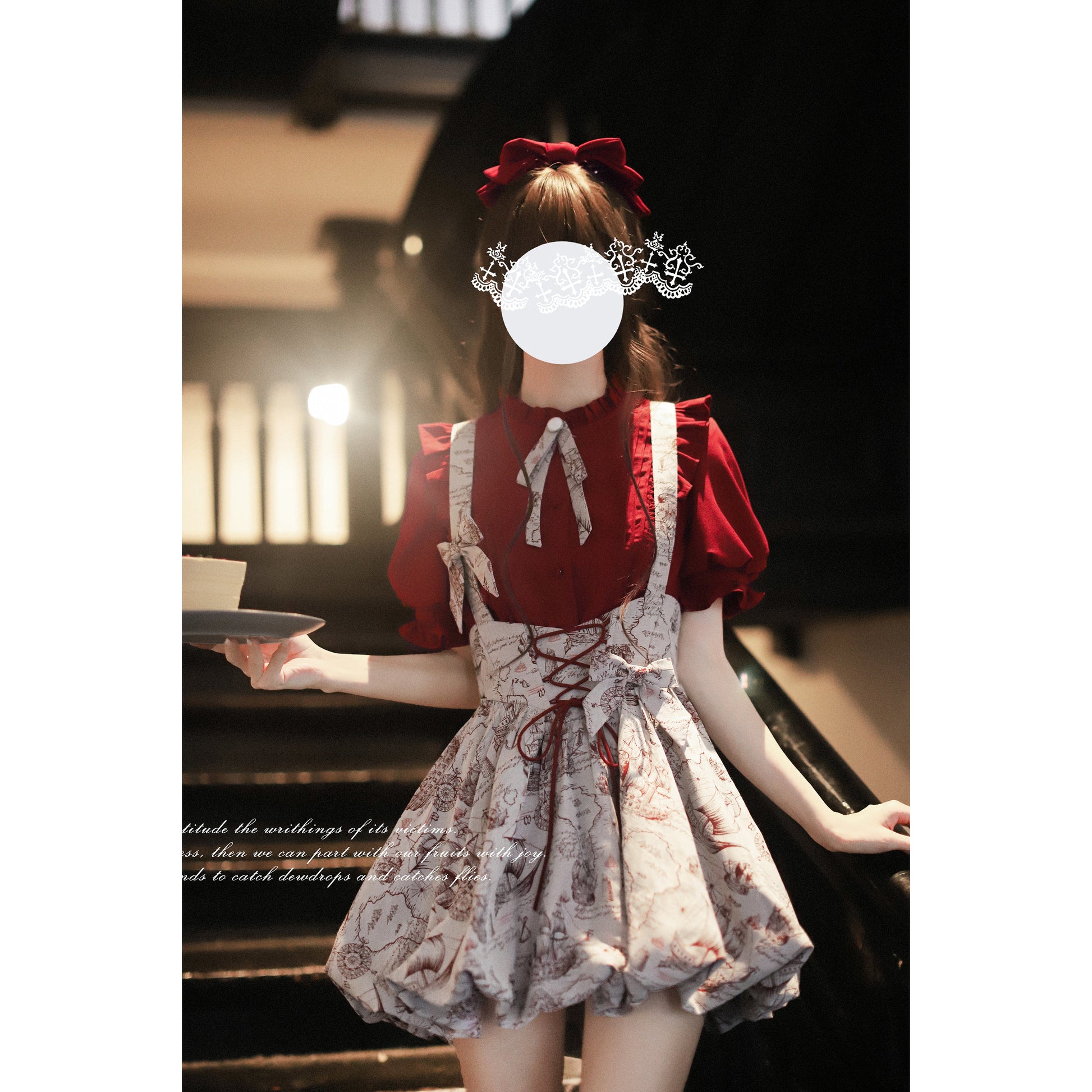 帆船と羅針盤の線画ストラップバルーンスカートとブラウス - Wine Red