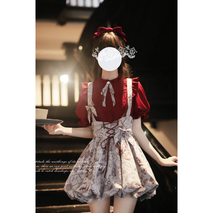 帆船と羅針盤の線画ストラップバルーンスカートとブラウス - Wine Red