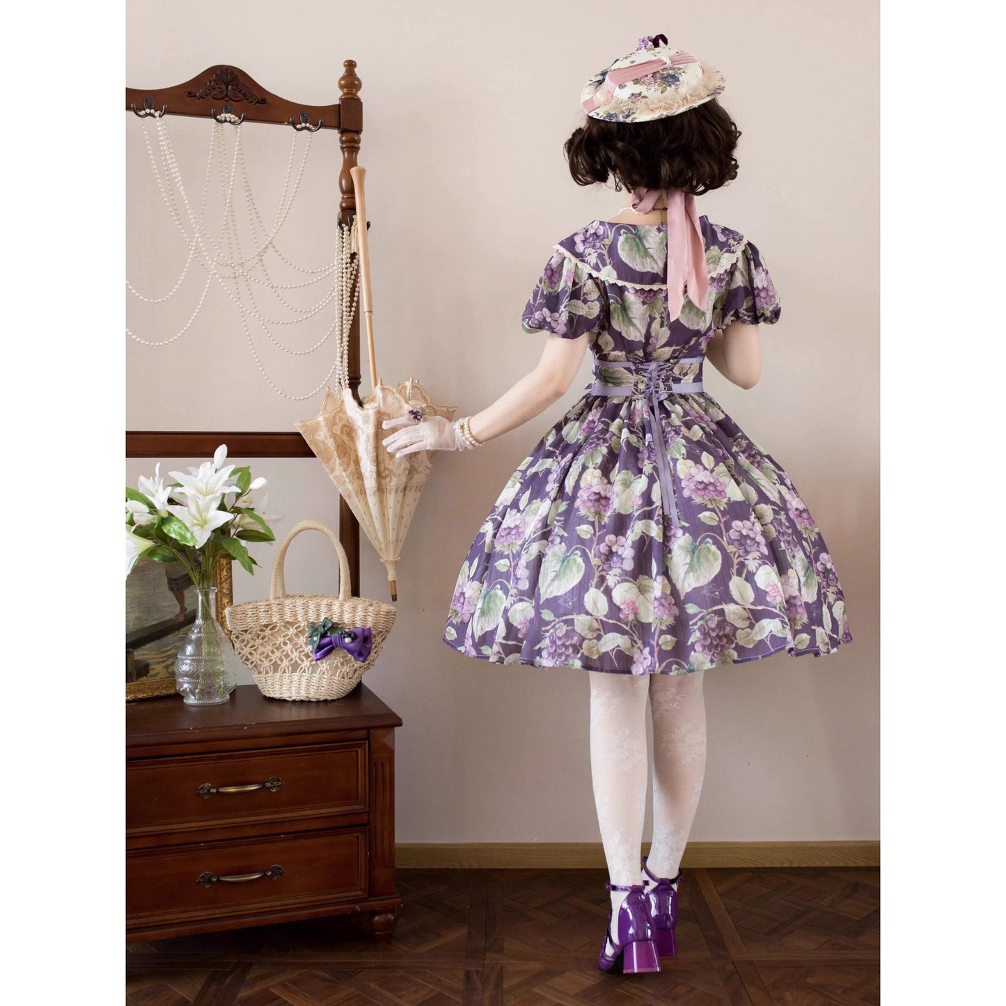 紫葡萄の水彩画コルセットワンピース - Purple