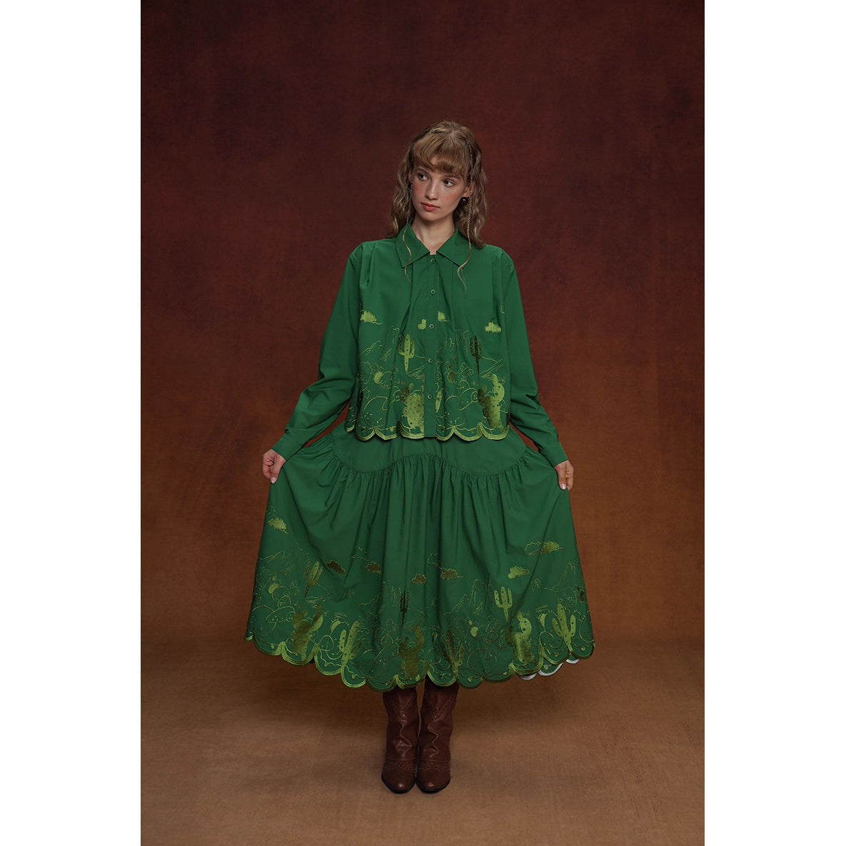 サボテンの刺繍ブラウスとスカート - Green