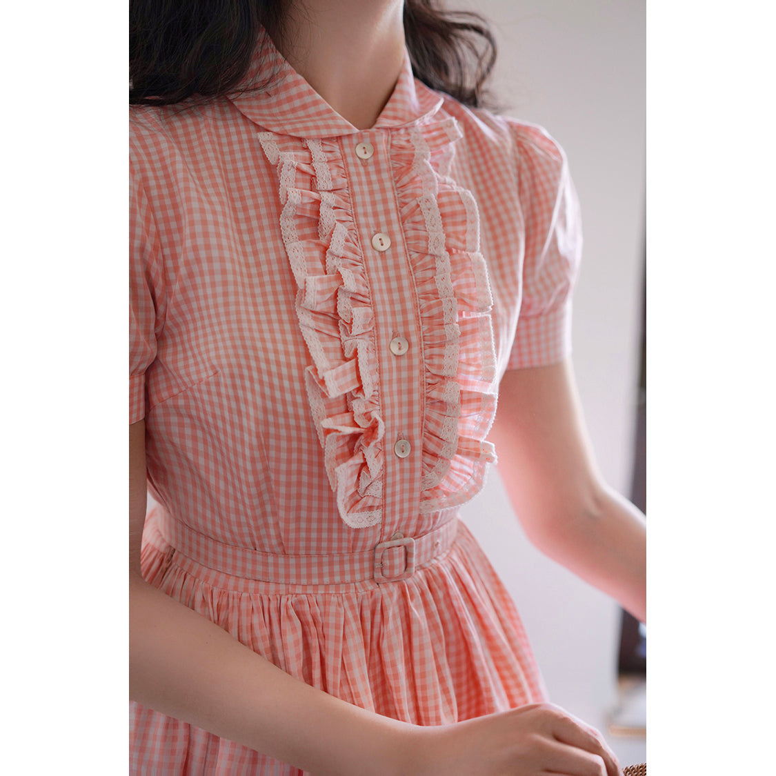 桜色の格子柄ヘップバーンワンピース
