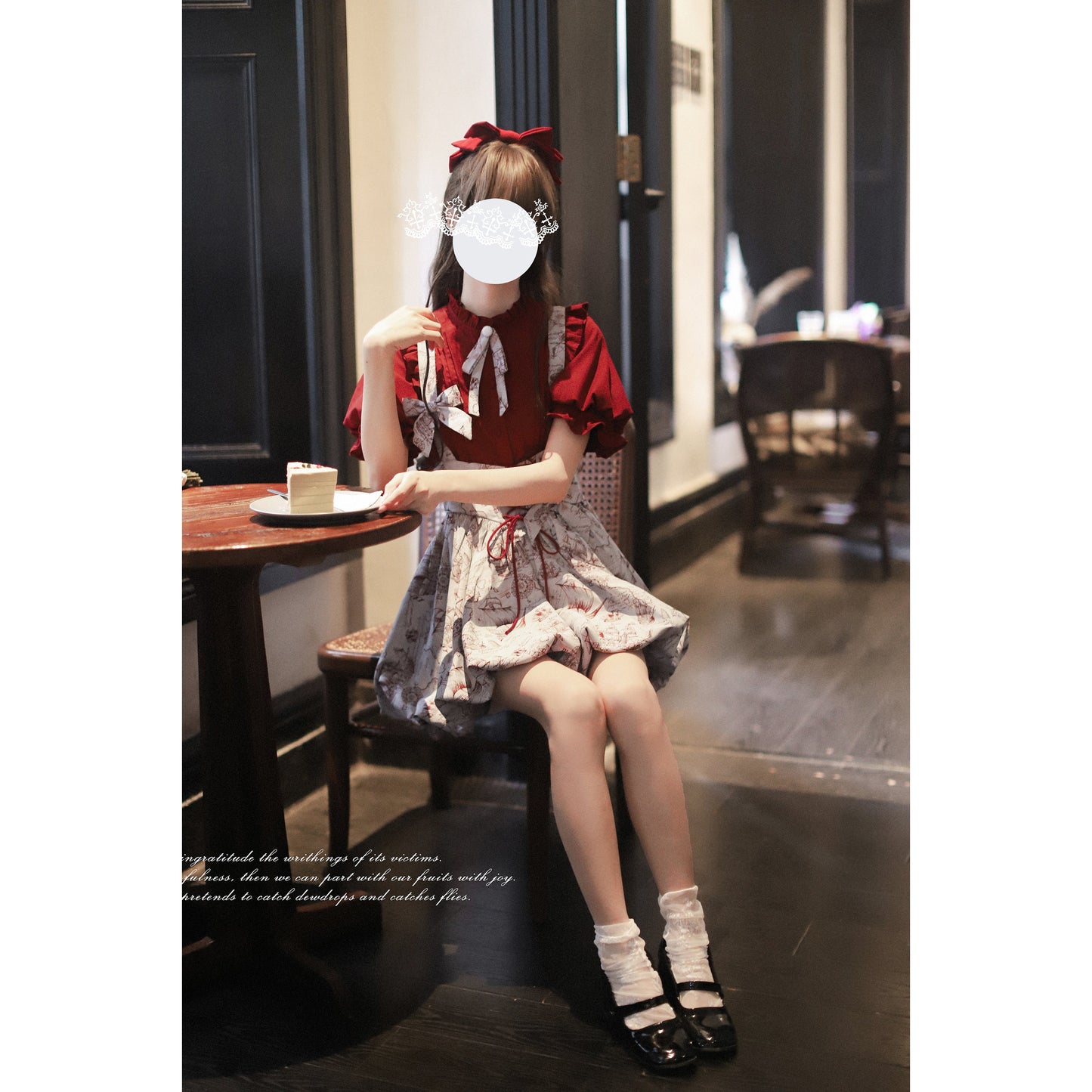 帆船と羅針盤の線画ストラップバルーンスカートとブラウス - Wine Red